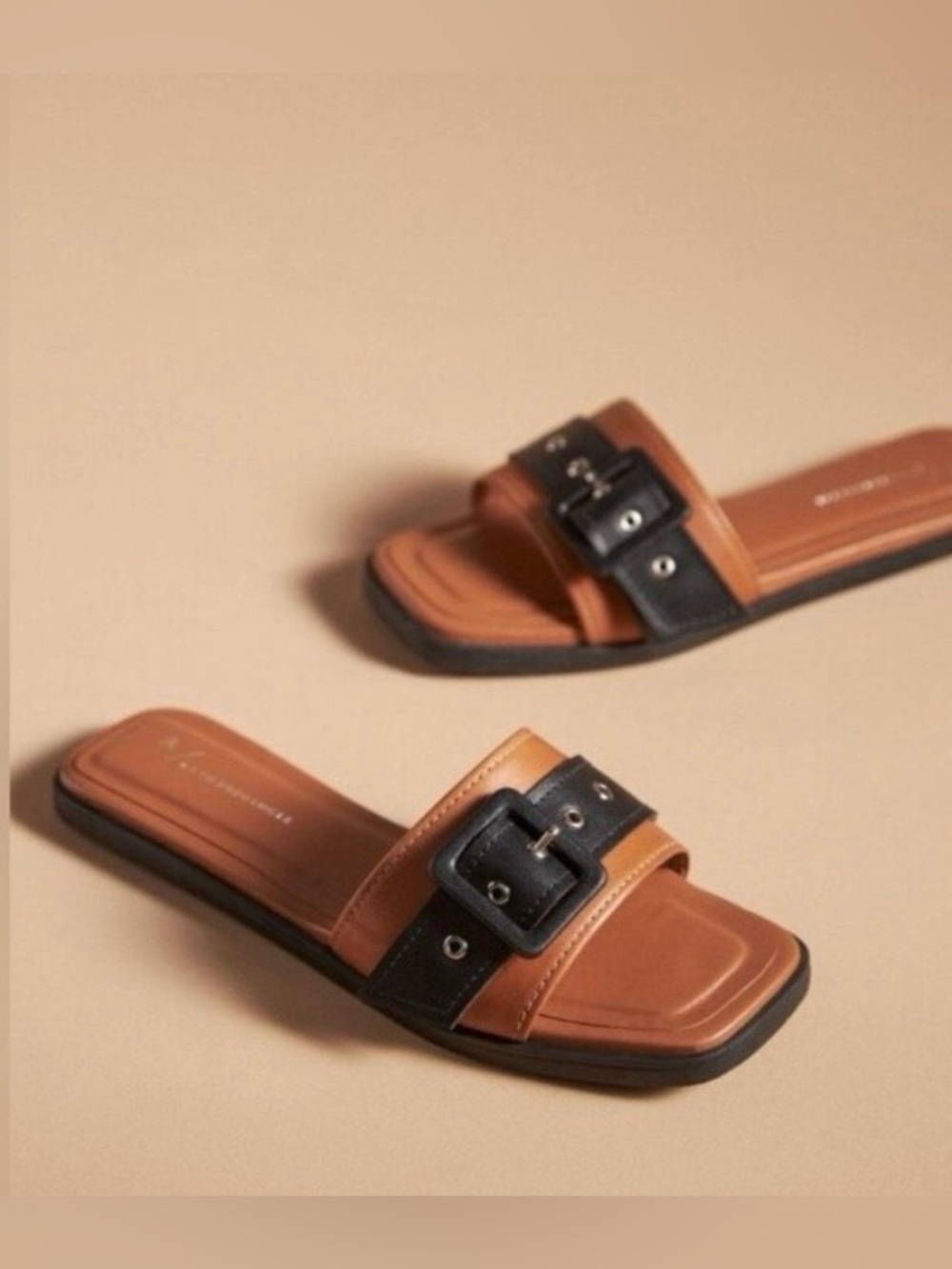 Anthropologie Tan and Black Buckle Slide Mules new without box